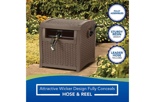 Suncast Resin Hose Hideaway with Hose Guide - Durable Outdoor Hose Storage Reel with Crank Handle