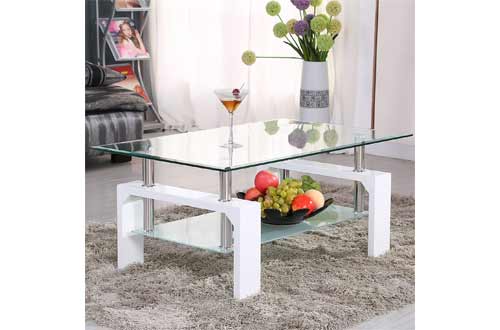 Mecor Rectangle Glass Coffee Table-White Modern Side Coffee Table