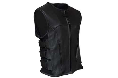 IKLeather Swat Style Leather Vest Mens Motorcycle Biker Tactical Black Stretch