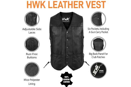 Leather Motorcycle Vest For Men Black Classic Vintage Club Riding Biker Vests With Concealed Gun Pocket (M)