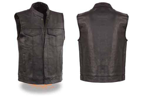EVENT LEATHER Men's Leather Motorcycle Vest Zipper & Snap Closure w/2 Inside Gun Pockets & Single Panel Back