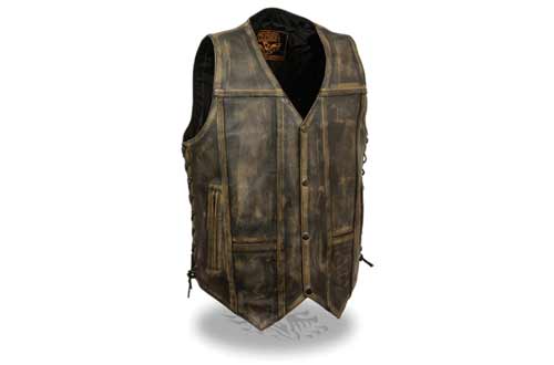 Mens Distressed Leather 10 Pocket Vest Brown