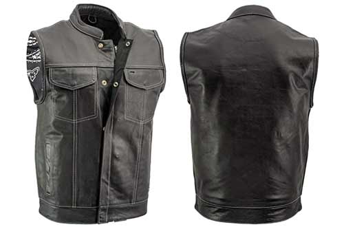 Xelement XS3450 Men's 'Paisley' Black Leather Motorcycle Vest with White Stitching