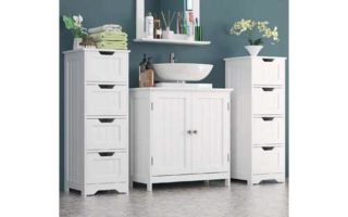 Homfa Bathroom Floor Cabinet, Wooden Free Standing Storage Cabinet Side Organizer Unit with 4 Drawer, White