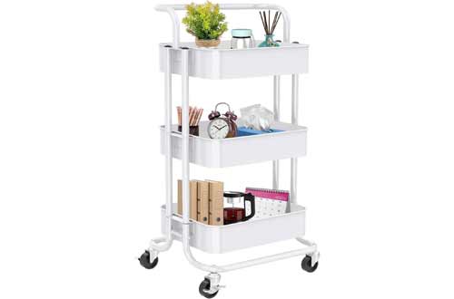 3-Tier Rolling Utility Cart, Multifunctional Metal Organization Storage Cart with 2 Lockable Wheels for Office