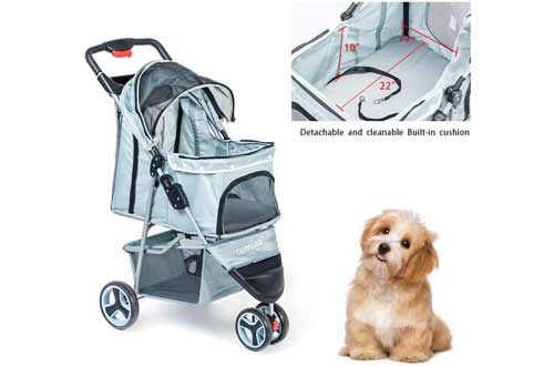 comiga Pet Stroller, 3-Wheel Cat Stroller, Foldable Dog Stroller with Removable Liner and Storage Basket