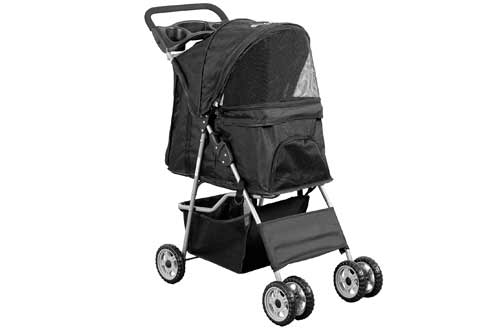 VIVO Black 4 Wheel Pet Stroller for Cat, Dog and More, Foldable Carrier Strolling Cart, STROLR-V001K