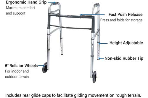 Vaunn Medical Two Button Folding Walker with Wheels, Adjustable Height and Detachable Legs